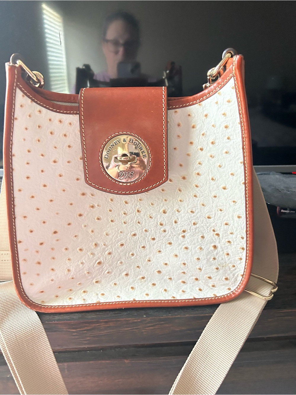 Dooney & Bourke White Ostrich-Texture Crossbody with Brown Trim